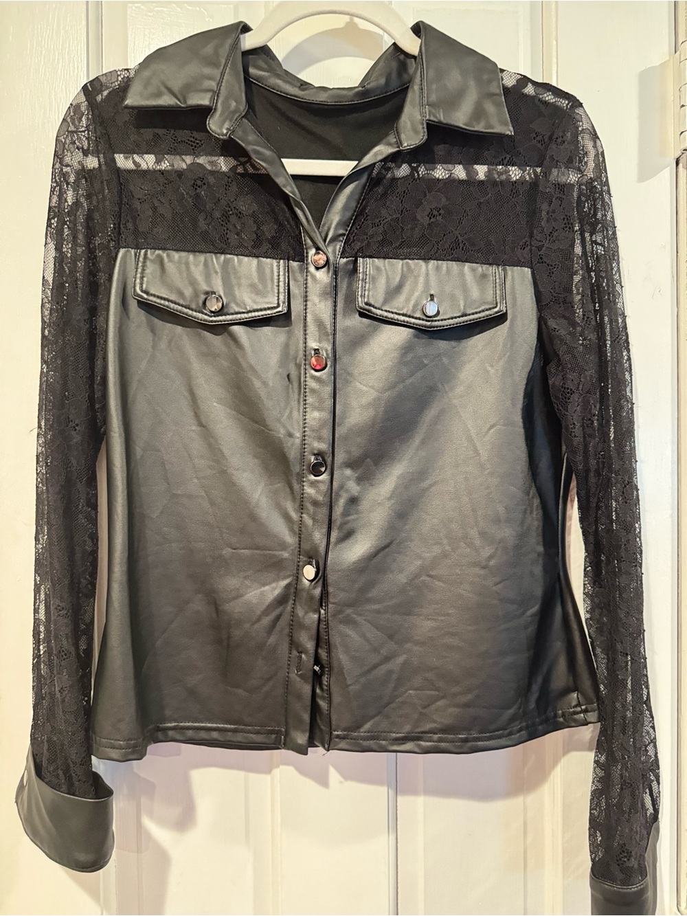 Cider Black Faux Leather Button-Down with Lace Sleeves